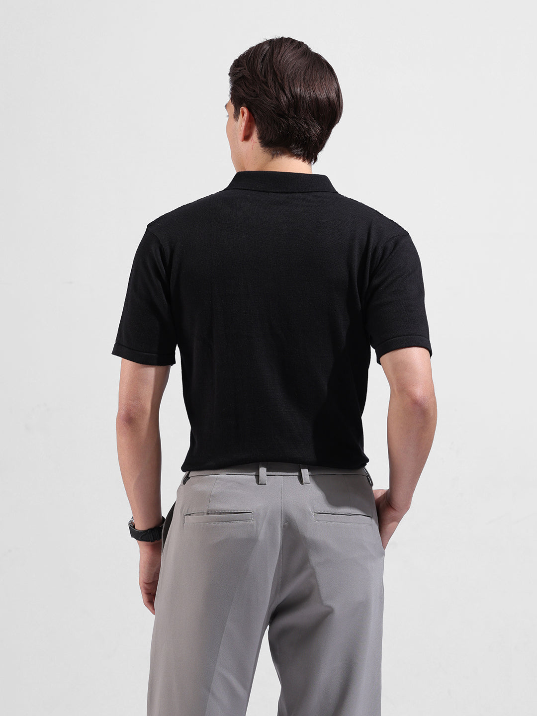 Men's Black Slim Fit Textured Flat Knit Polo Collar T-Shirt