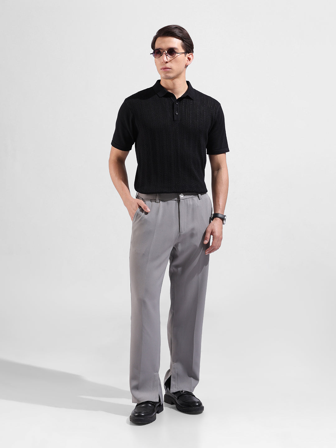 Men's Black Slim Fit Textured Flat Knit Polo Collar T-Shirt