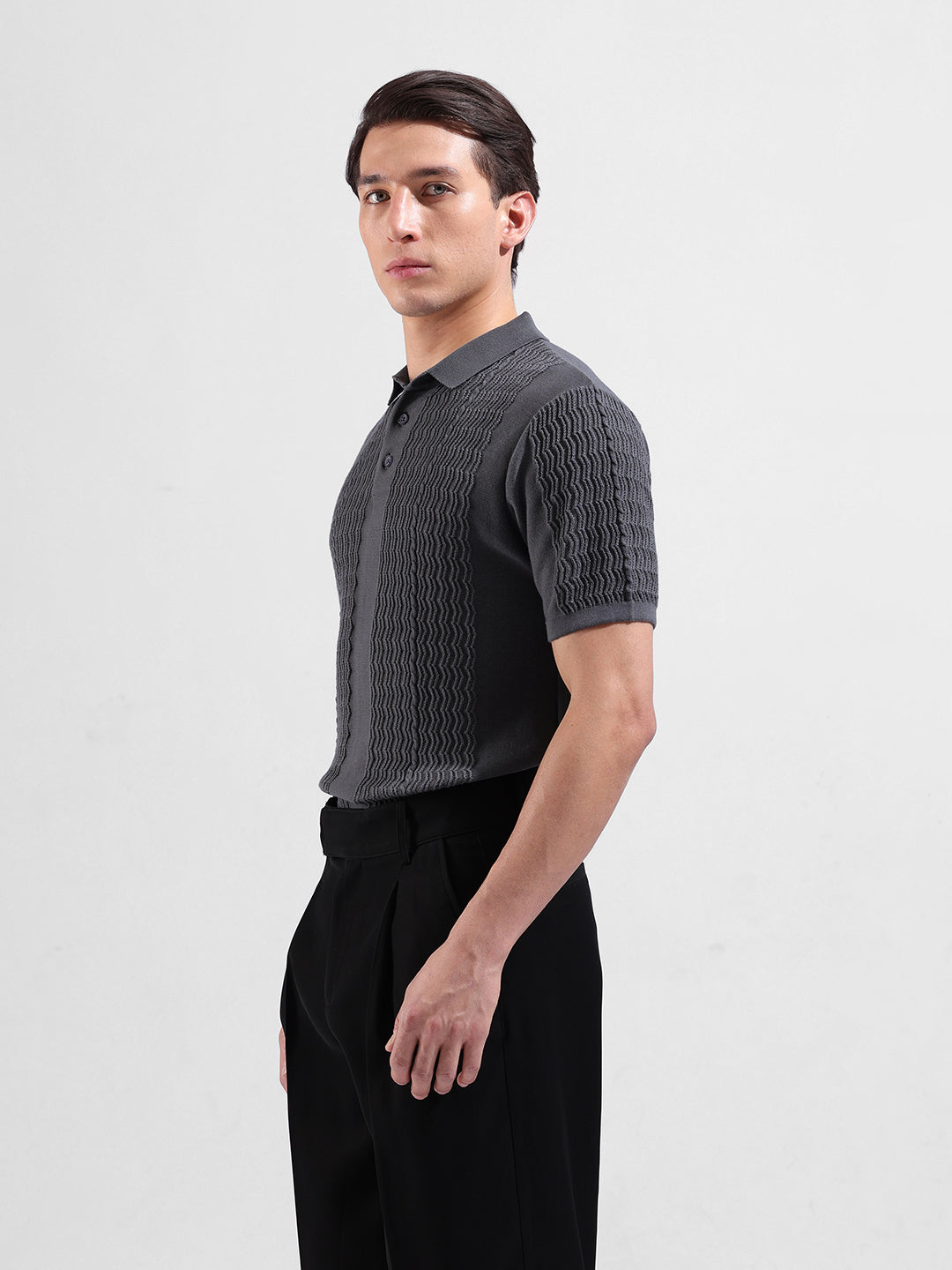 Men's Grey Slim Fit Textured Flat Knit Polo Collar T-Shirt