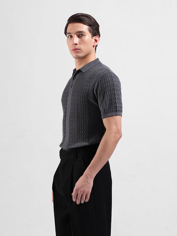 Men's Grey Slim Fit Textured Flat Knit Polo Collar T-Shirt