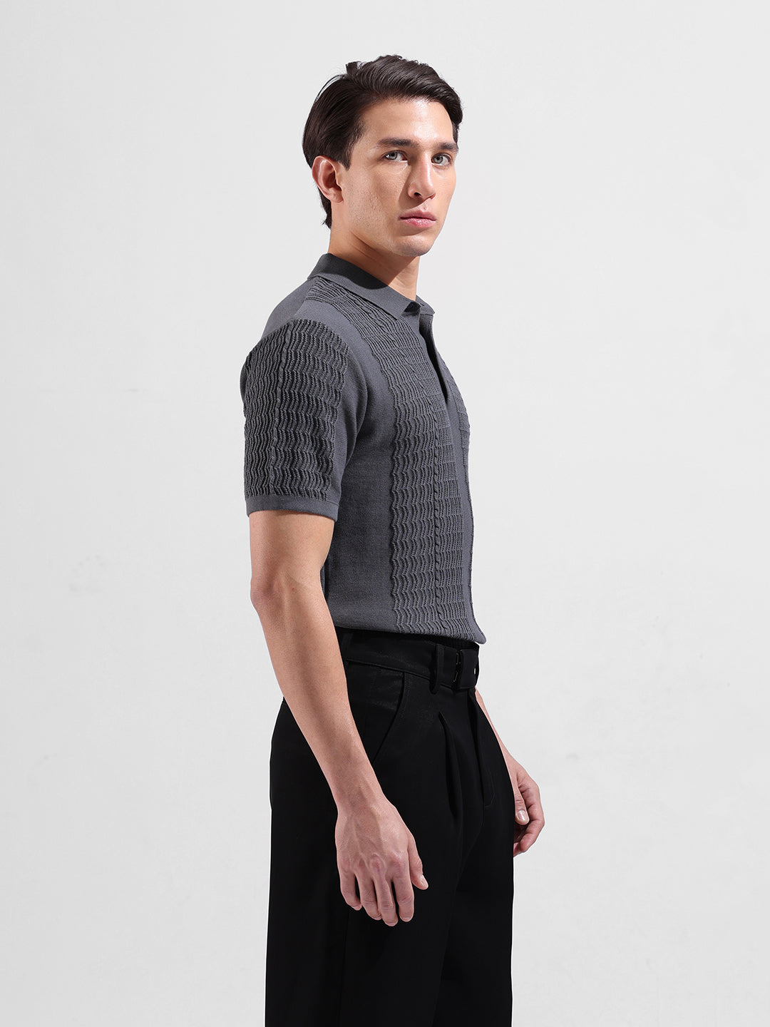 Men's Grey Slim Fit Textured Flat Knit Polo Collar T-Shirt