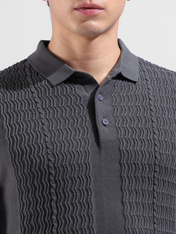 Men's Grey Slim Fit Textured Flat Knit Polo Collar T-Shirt
