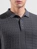 Men's Grey Slim Fit Textured Flat Knit Polo Collar T-Shirt