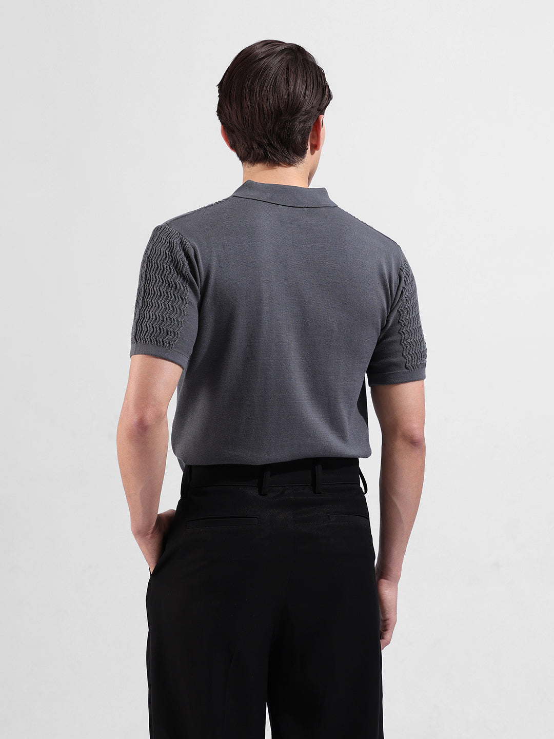 Men's Grey Slim Fit Textured Flat Knit Polo Collar T-Shirt