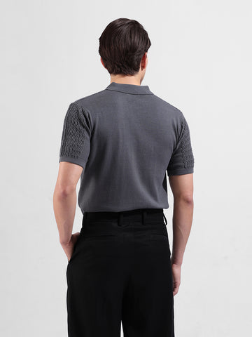 Men's Grey Slim Fit Textured Flat Knit Polo Collar T-Shirt