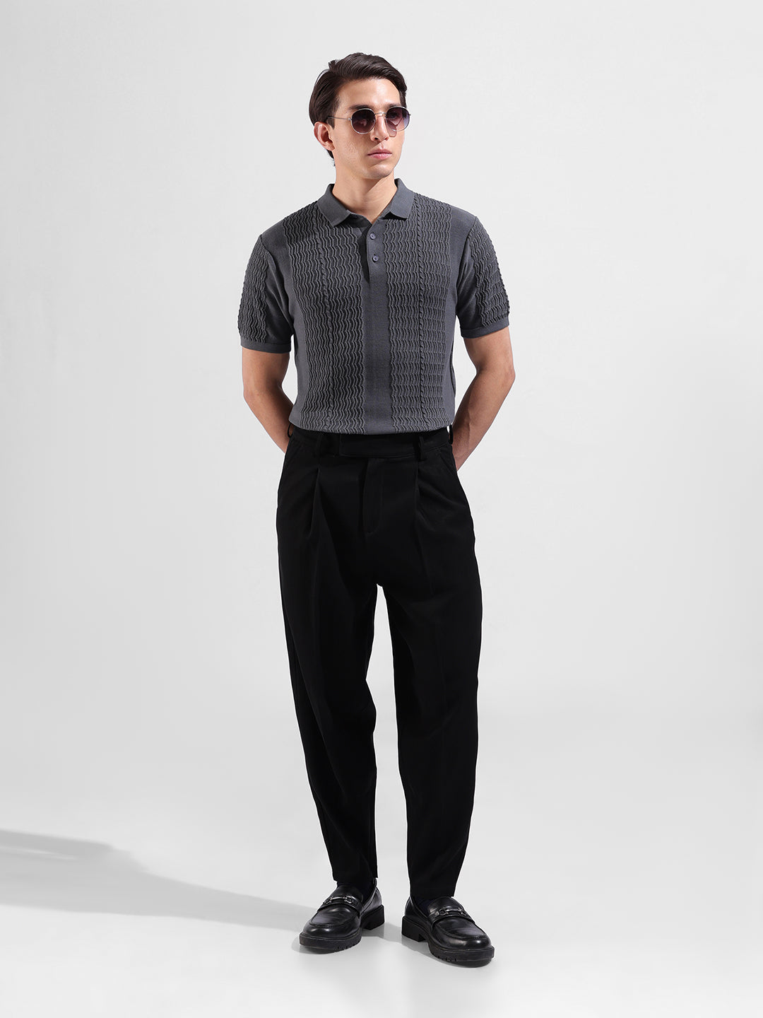 Men's Grey Slim Fit Textured Flat Knit Polo Collar T-Shirt