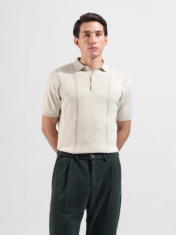 Men's Cream Slim Fit Textured Flat Knit Polo Collar T-Shirt