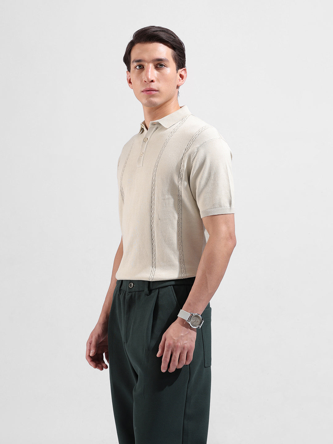 Men's Cream Slim Fit Textured Flat Knit Polo Collar T-Shirt