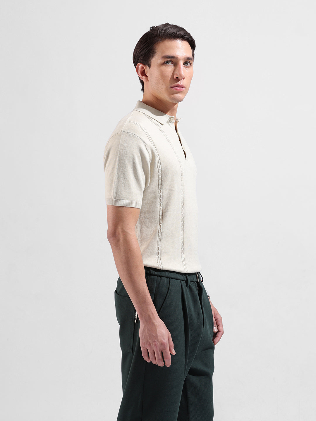 Men's Cream Slim Fit Textured Flat Knit Polo Collar T-Shirt