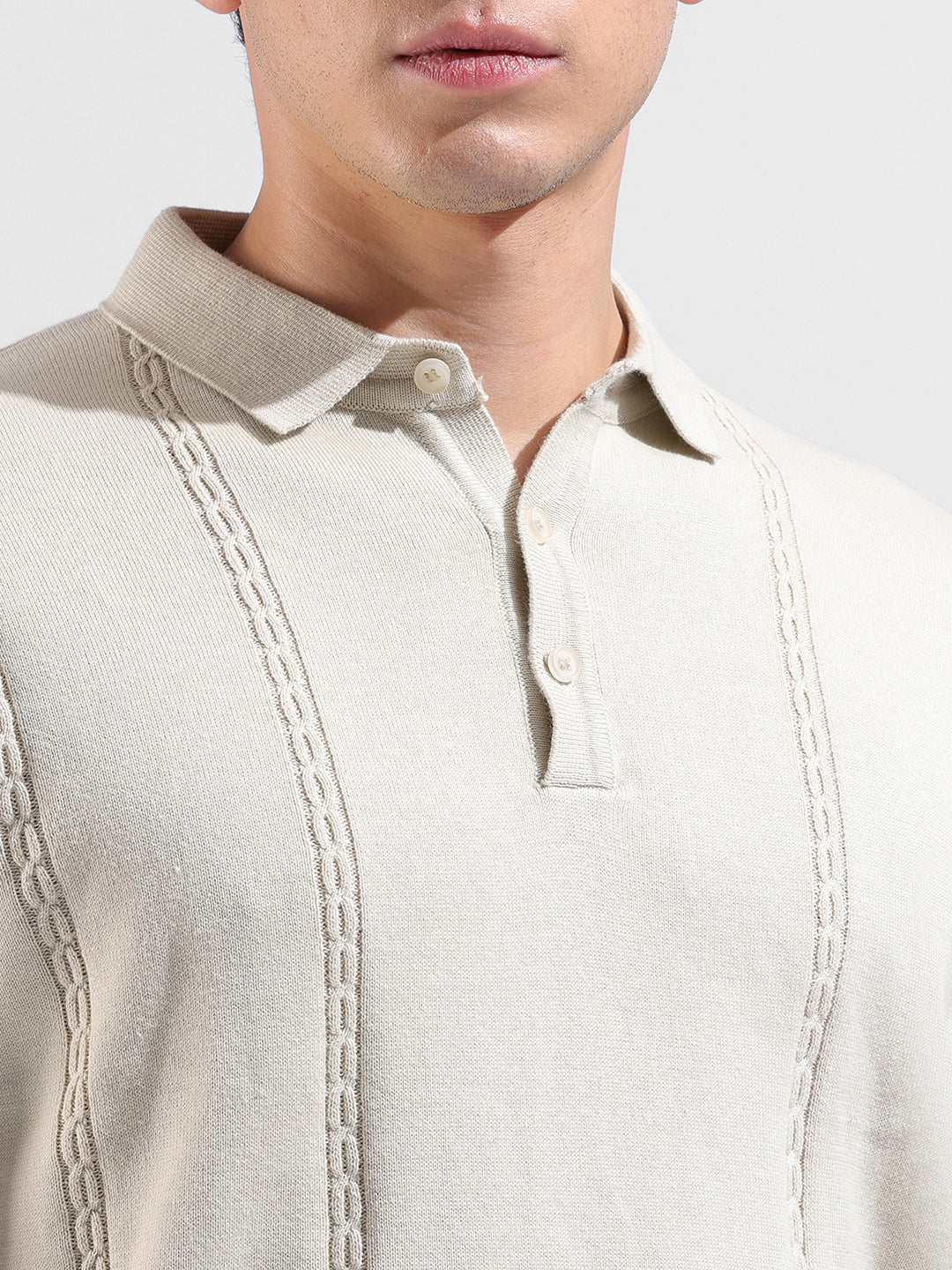 Men's Cream Slim Fit Textured Flat Knit Polo Collar T-Shirt