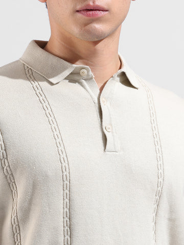 Men's Cream Slim Fit Textured Flat Knit Polo Collar T-Shirt