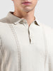 Men's Cream Slim Fit Textured Flat Knit Polo Collar T-Shirt