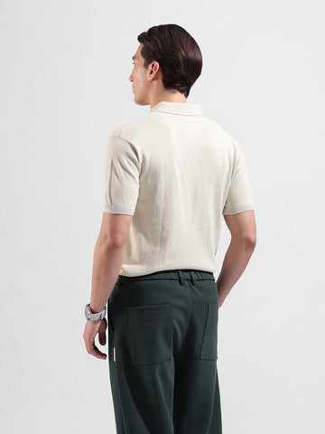 Men's Cream Slim Fit Textured Flat Knit Polo Collar T-Shirt
