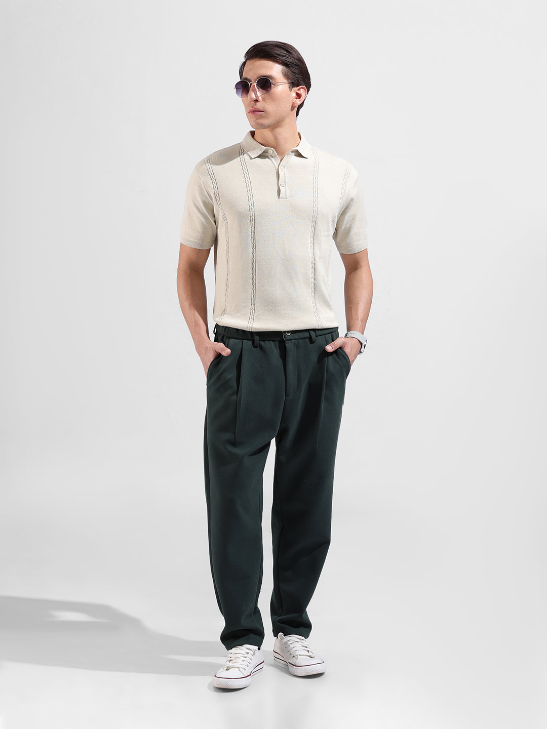 Men's Cream Slim Fit Textured Flat Knit Polo Collar T-Shirt