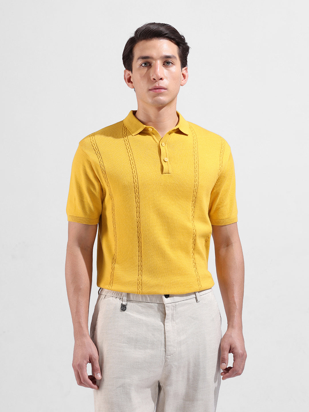 Men's Yellow Slim Fit Textured Flat Knit Polo Collar T-Shirt