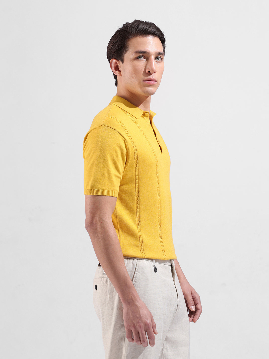 Men's Yellow Slim Fit Textured Flat Knit Polo Collar T-Shirt