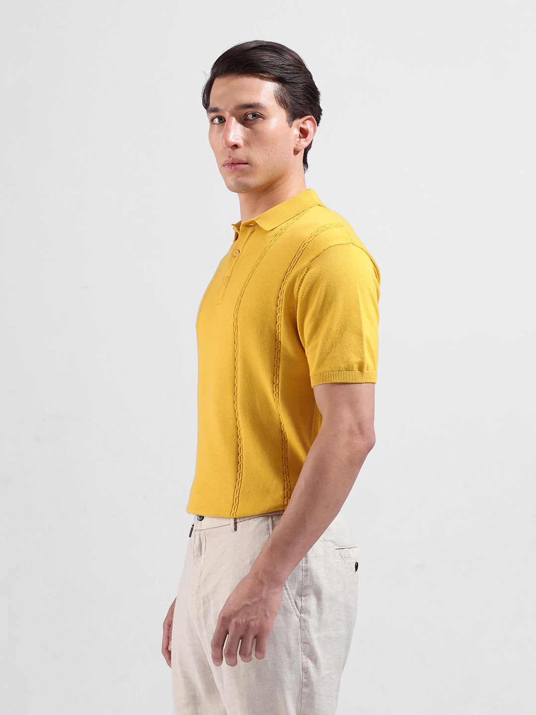 Men's Yellow Slim Fit Textured Flat Knit Polo Collar T-Shirt