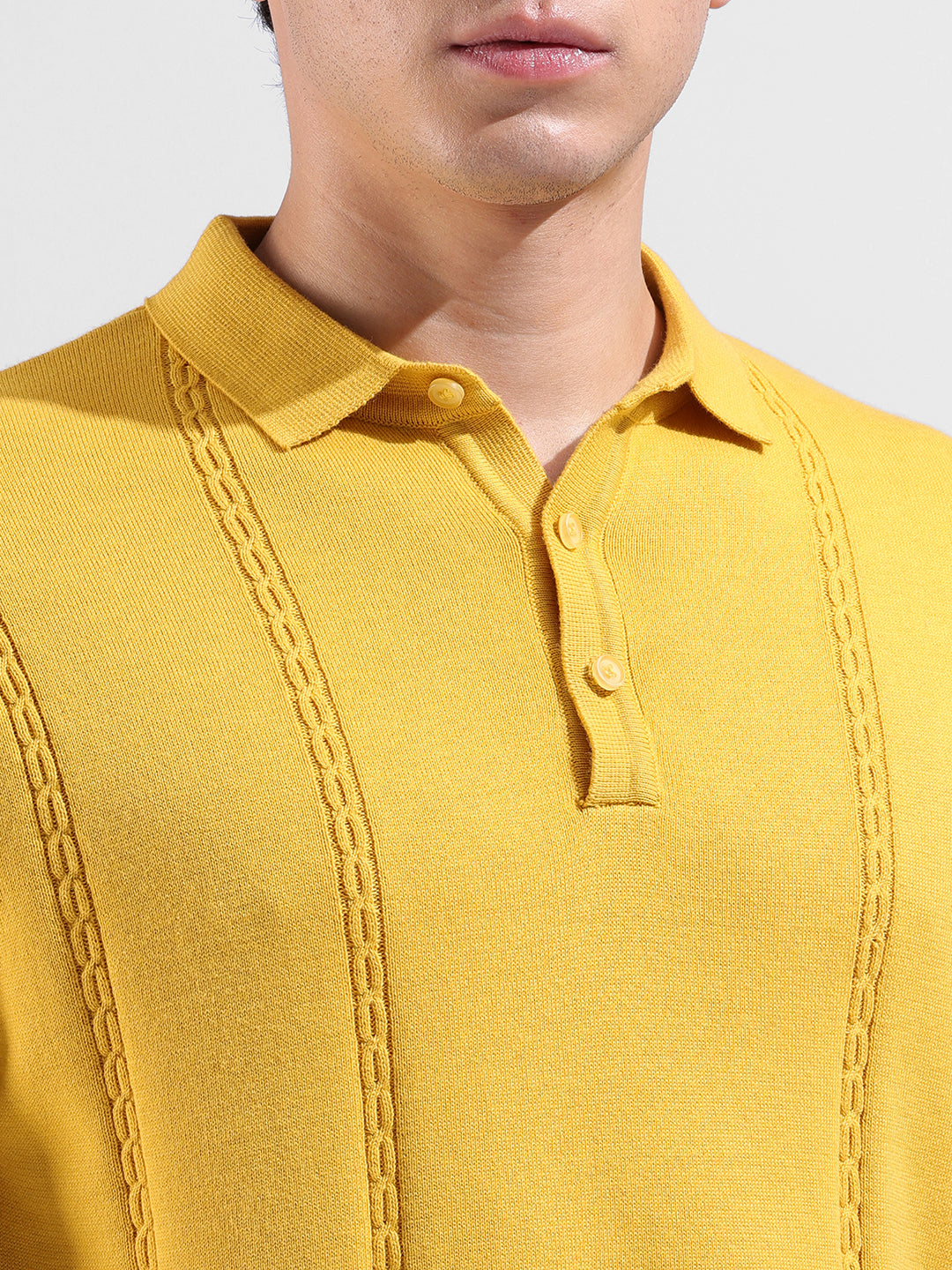 Men's Yellow Slim Fit Textured Flat Knit Polo Collar T-Shirt