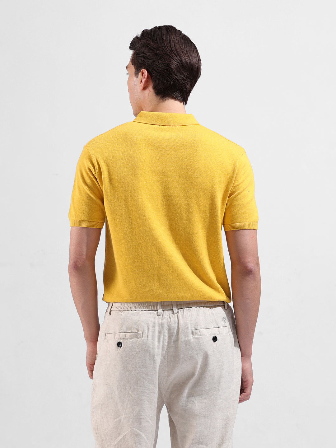 Men's Yellow Slim Fit Textured Flat Knit Polo Collar T-Shirt