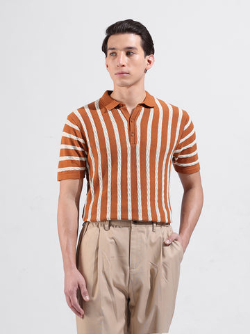 Men's Rust Slim Fit Textured Flat Knit Polo Collar T-Shirt