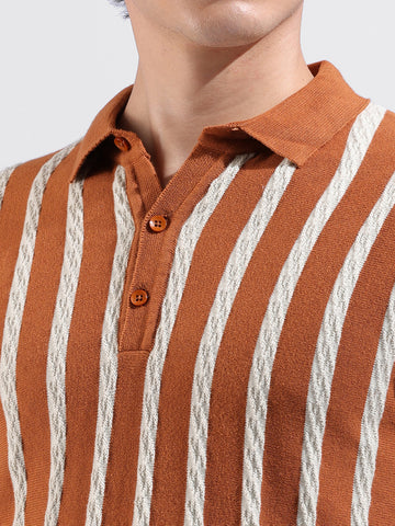 Men's Rust Slim Fit Textured Flat Knit Polo Collar T-Shirt