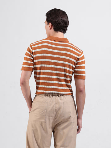 Men's Rust Slim Fit Textured Flat Knit Polo Collar T-Shirt