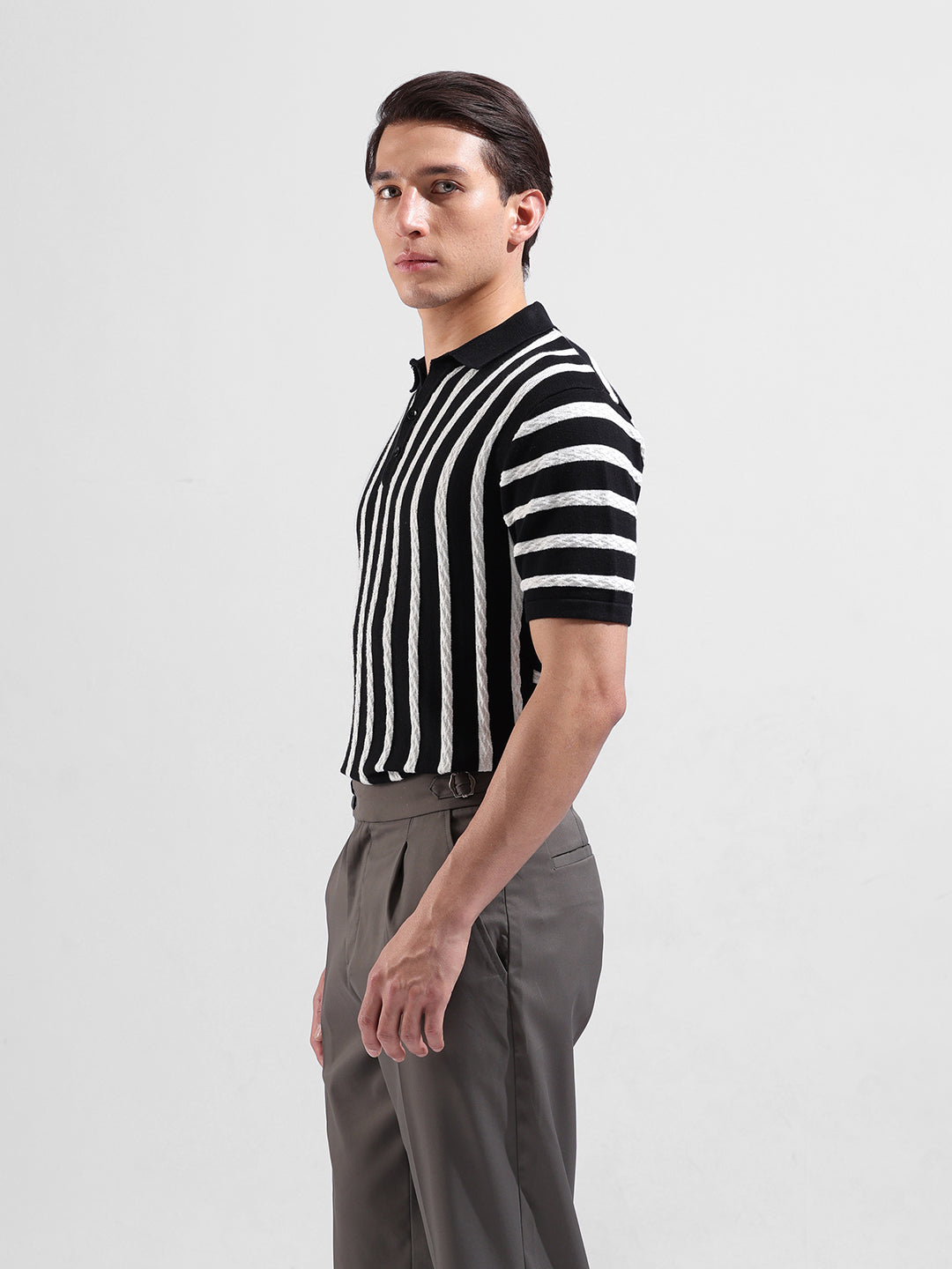 Men's Black Slim Fit Textured Flat Knit Polo Collar T-Shirt
