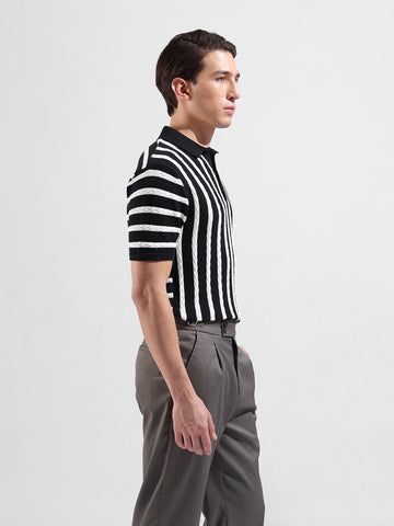 Men's Black Slim Fit Textured Flat Knit Polo Collar T-Shirt