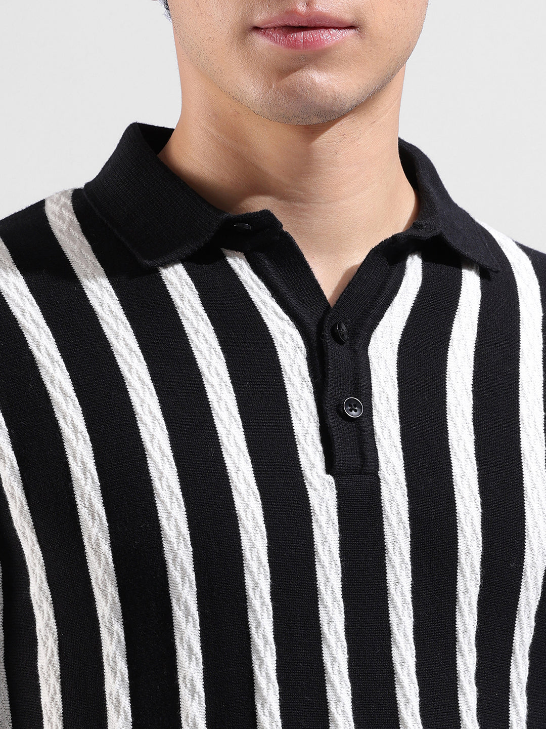 Men's Black Slim Fit Textured Flat Knit Polo Collar T-Shirt