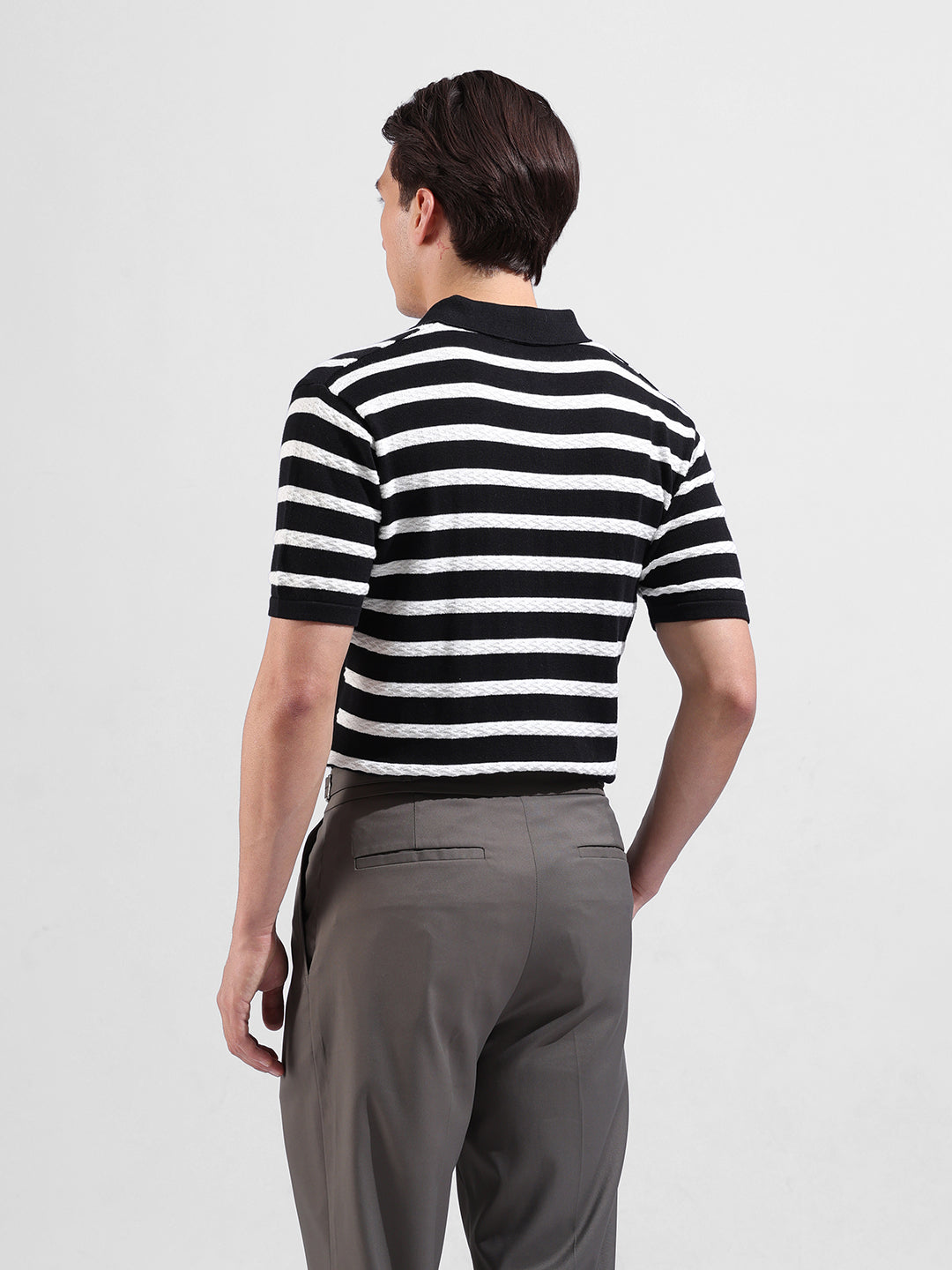 Men's Black Slim Fit Textured Flat Knit Polo Collar T-Shirt