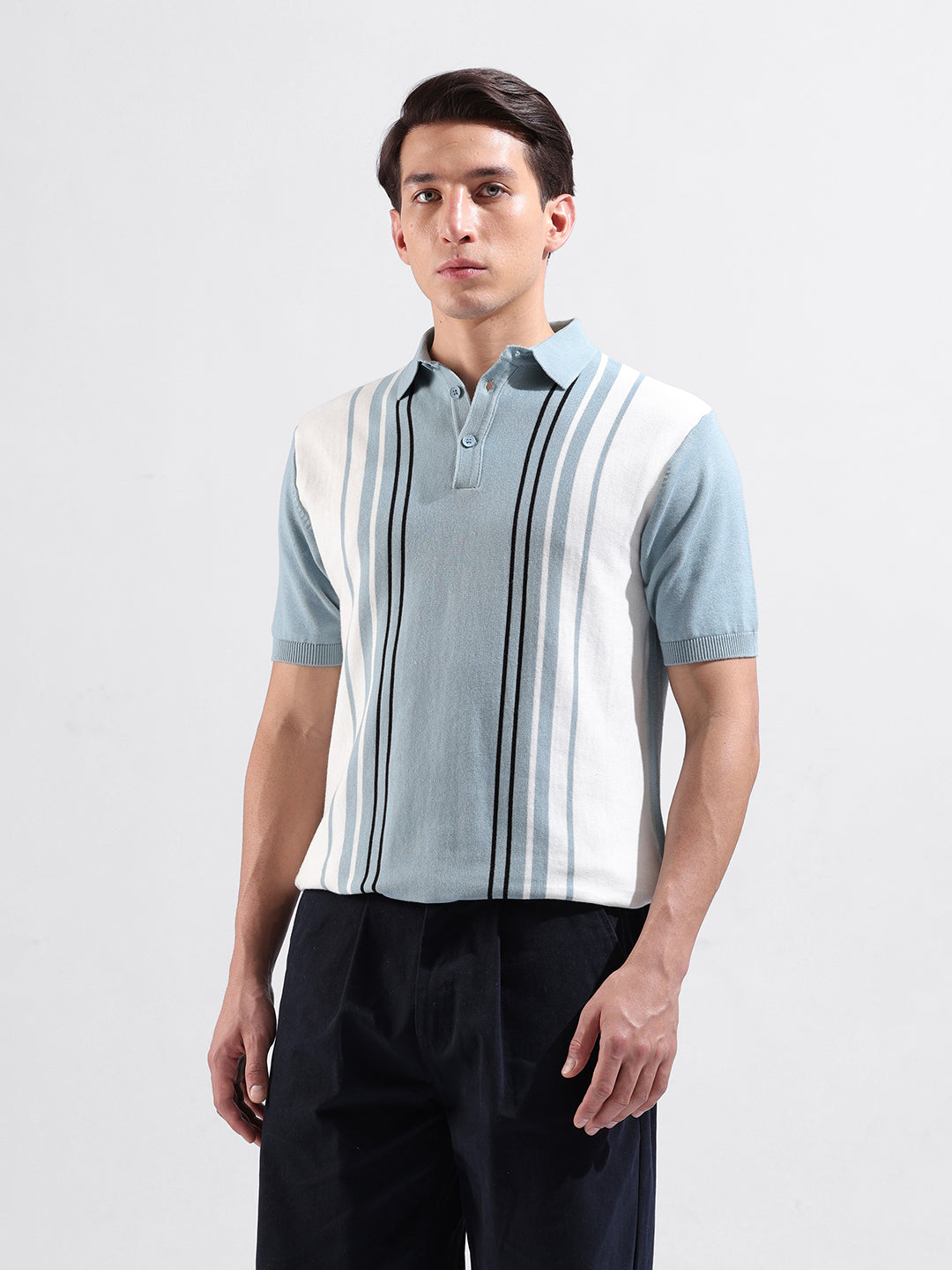 Men's Blue Slim Fit Textured Flat Knit Polo Collar T-Shirt