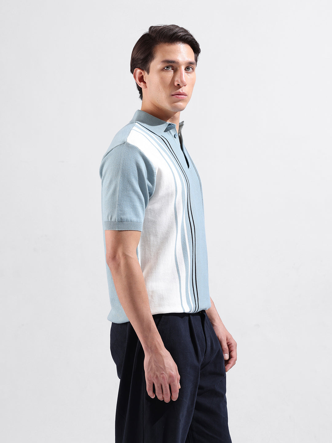 Men's Blue Slim Fit Textured Flat Knit Polo Collar T-Shirt