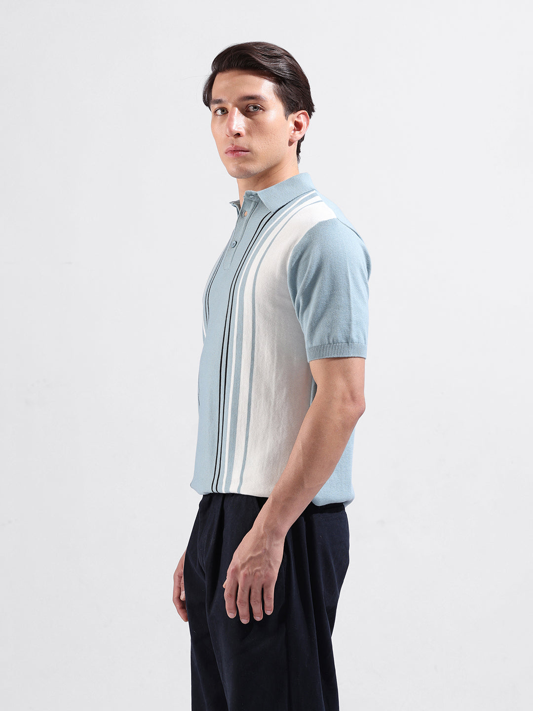 Men's Blue Slim Fit Textured Flat Knit Polo Collar T-Shirt