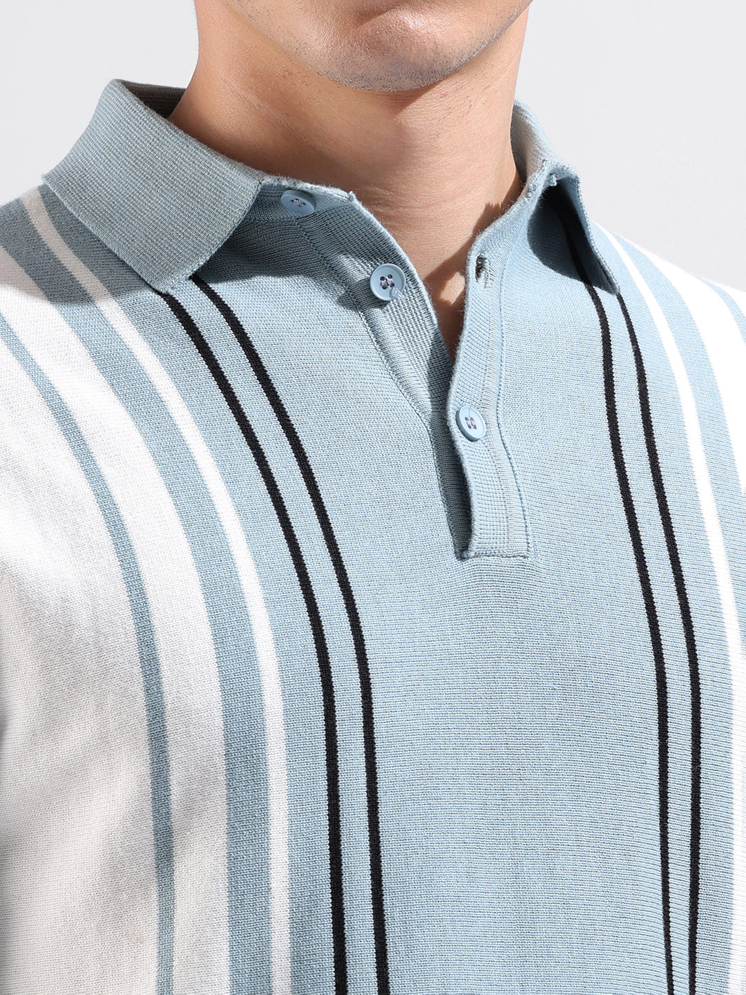 Men's Blue Slim Fit Textured Flat Knit Polo Collar T-Shirt