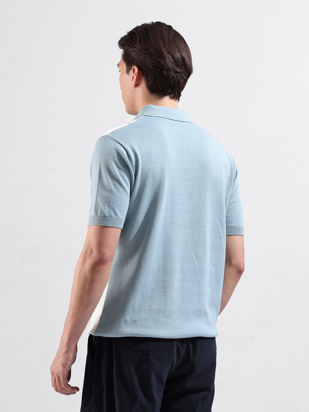 Men's Blue Slim Fit Textured Flat Knit Polo Collar T-Shirt