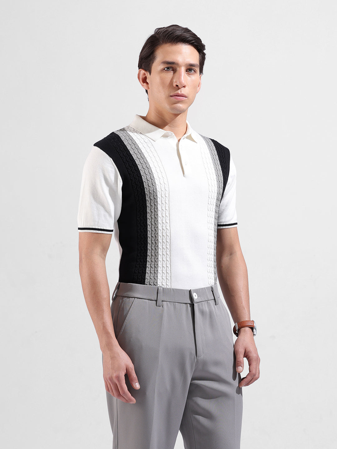 Men's White Slim Fit Textured Flat Knit Polo Collar T-Shirt