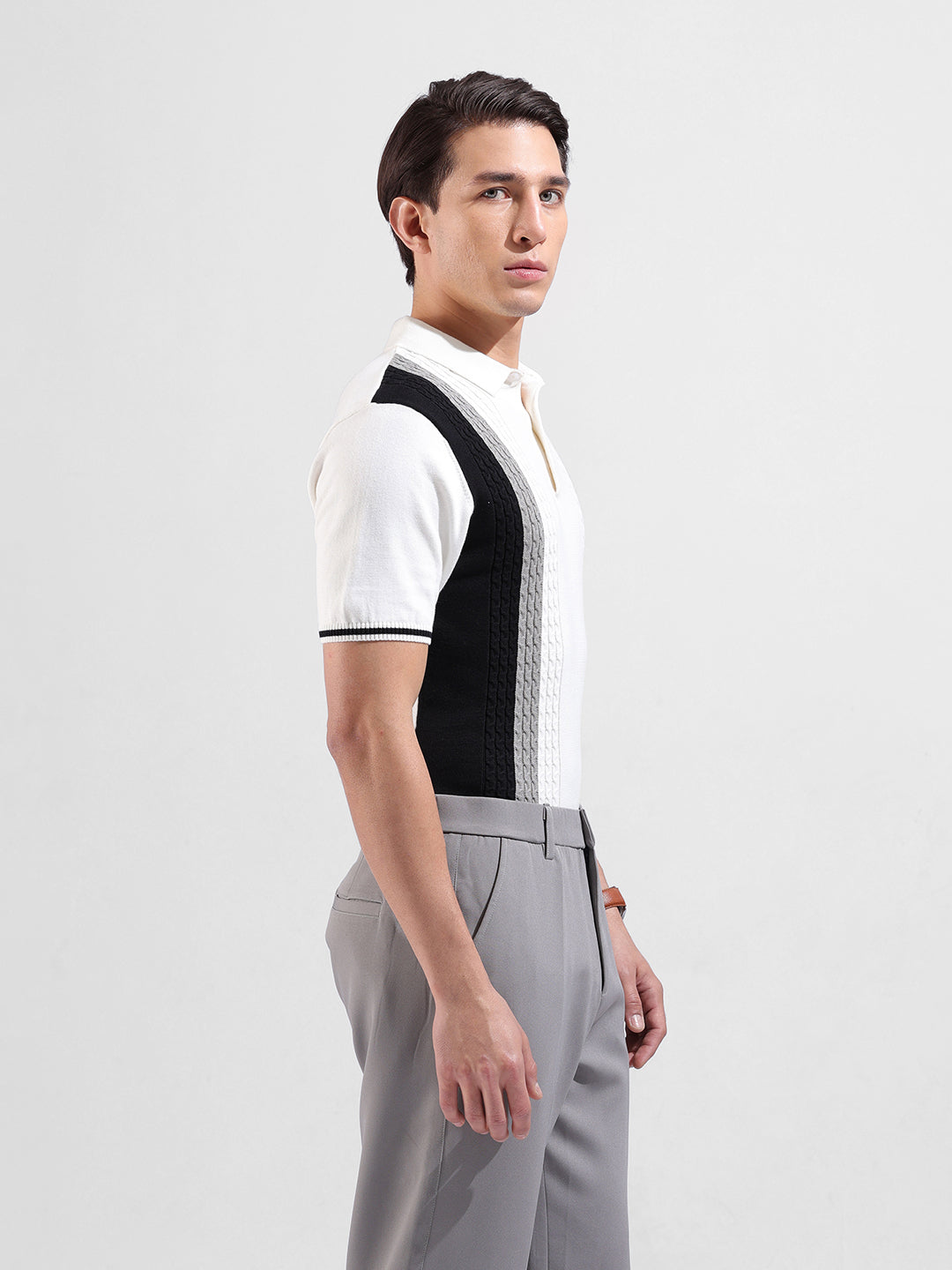 Men's White Slim Fit Textured Flat Knit Polo Collar T-Shirt