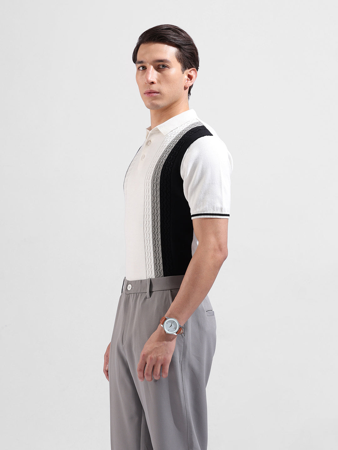 Men's White Slim Fit Textured Flat Knit Polo Collar T-Shirt