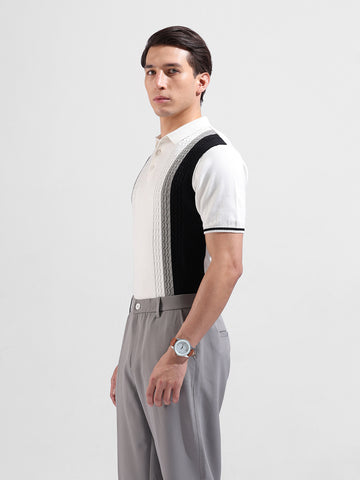 Men's White Slim Fit Textured Flat Knit Polo Collar T-Shirt