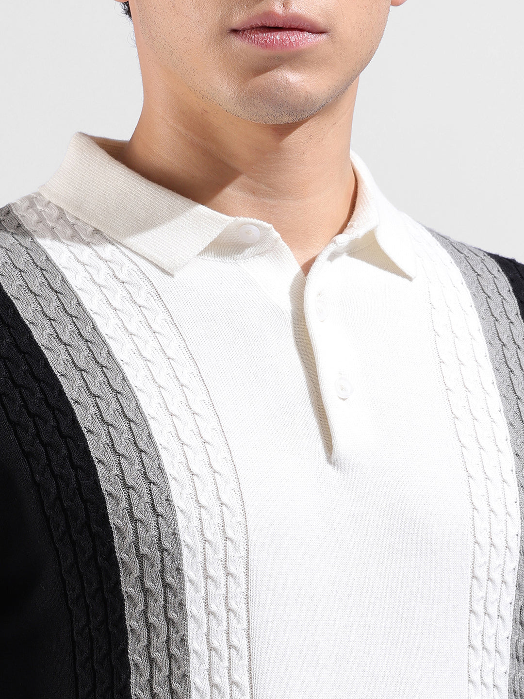 Men's White Slim Fit Textured Flat Knit Polo Collar T-Shirt