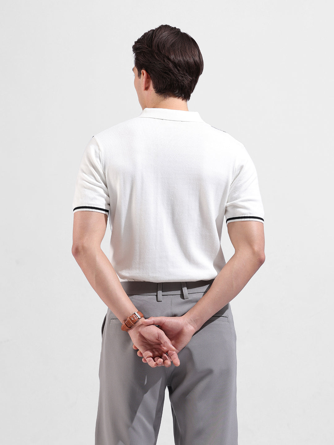 Men's White Slim Fit Textured Flat Knit Polo Collar T-Shirt