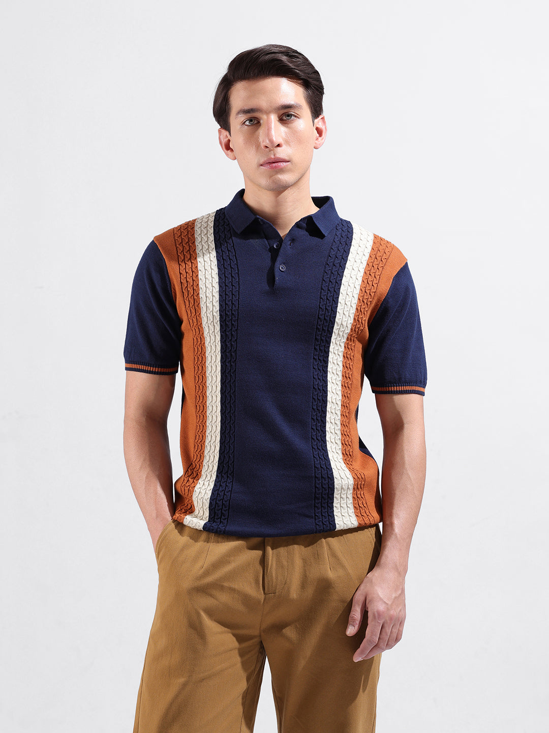 Men's Blue Slim Fit Textured Flat Knit Polo Collar T-Shirt