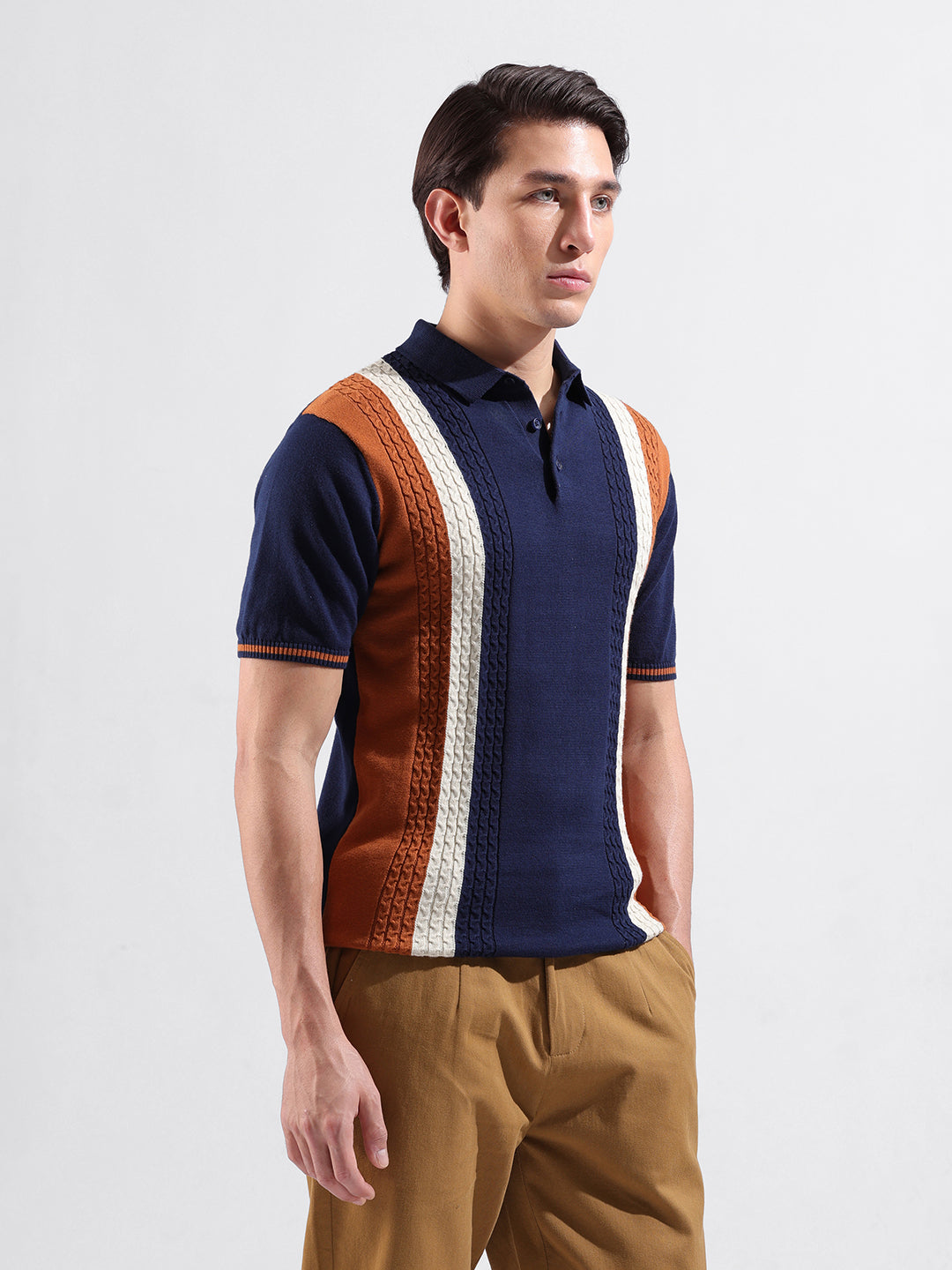 Men's Blue Slim Fit Textured Flat Knit Polo Collar T-Shirt