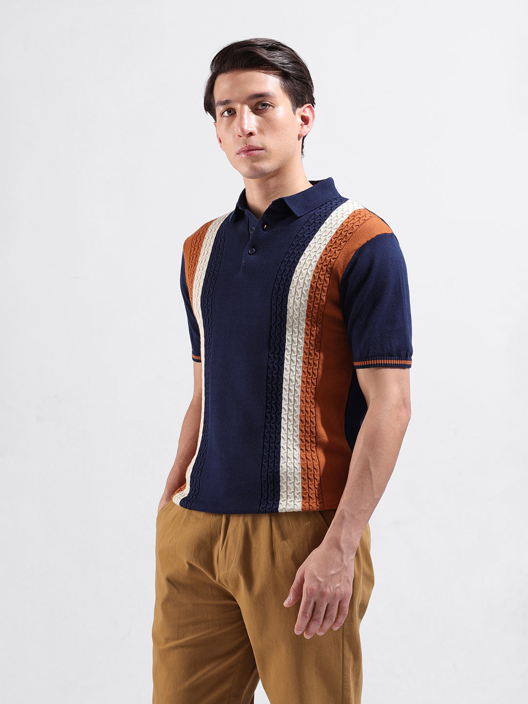 Men's Blue Slim Fit Textured Flat Knit Polo Collar T-Shirt