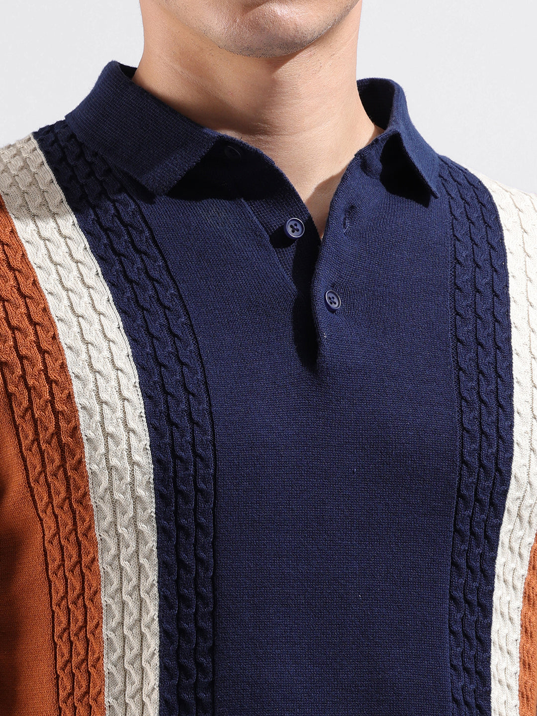Men's Blue Slim Fit Textured Flat Knit Polo Collar T-Shirt