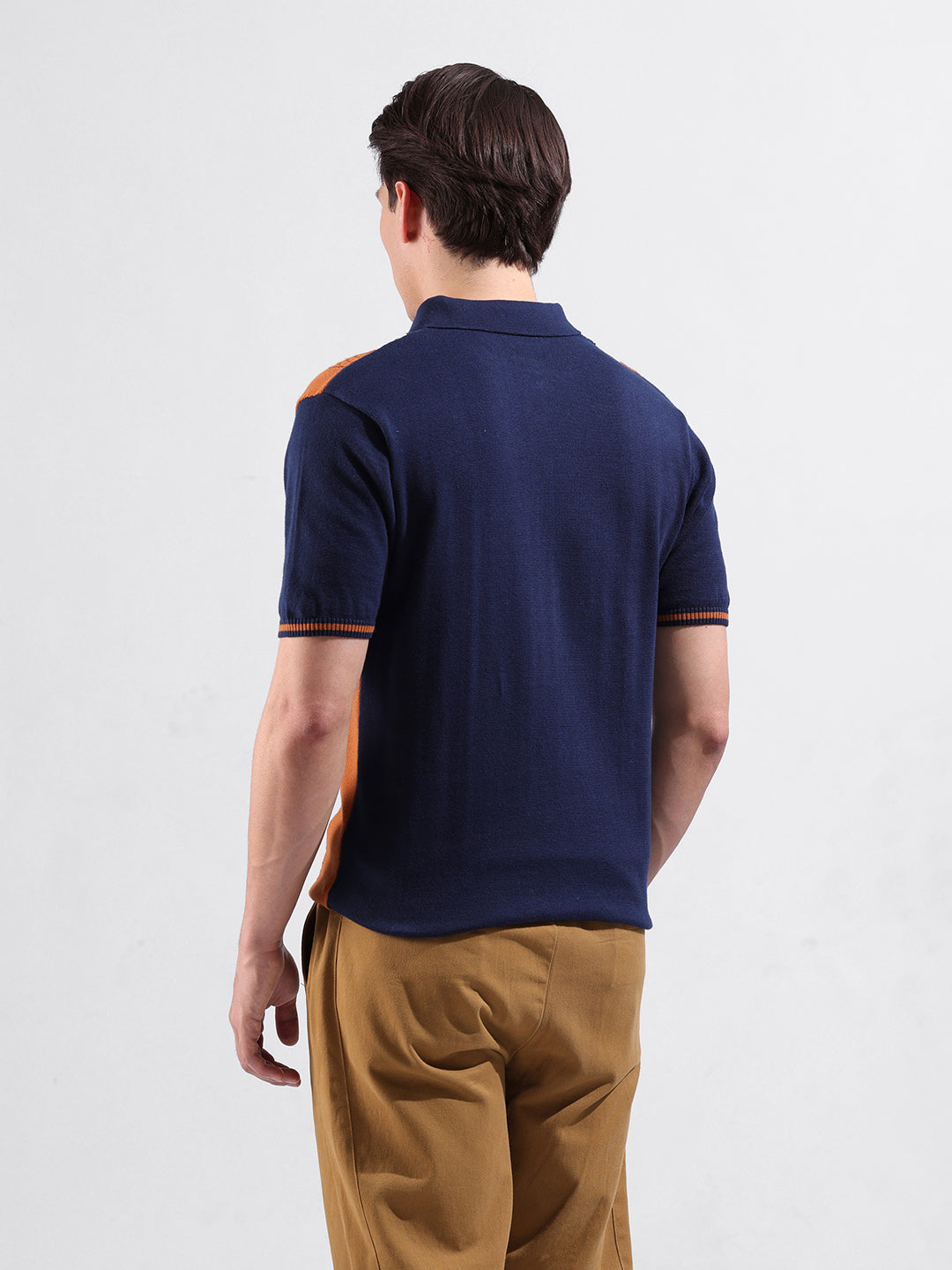 Men's Blue Slim Fit Textured Flat Knit Polo Collar T-Shirt
