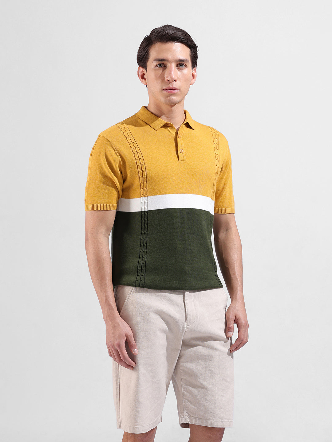 Men's Yellow Slim Fit Textured Flat Knit Polo Collar T-Shirt