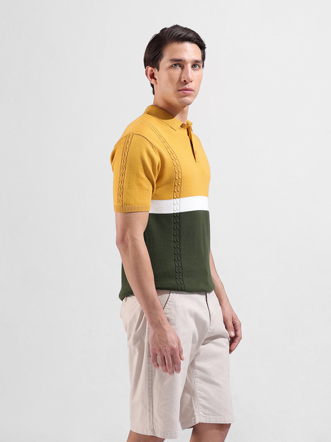 Men's Yellow Slim Fit Textured Flat Knit Polo Collar T-Shirt