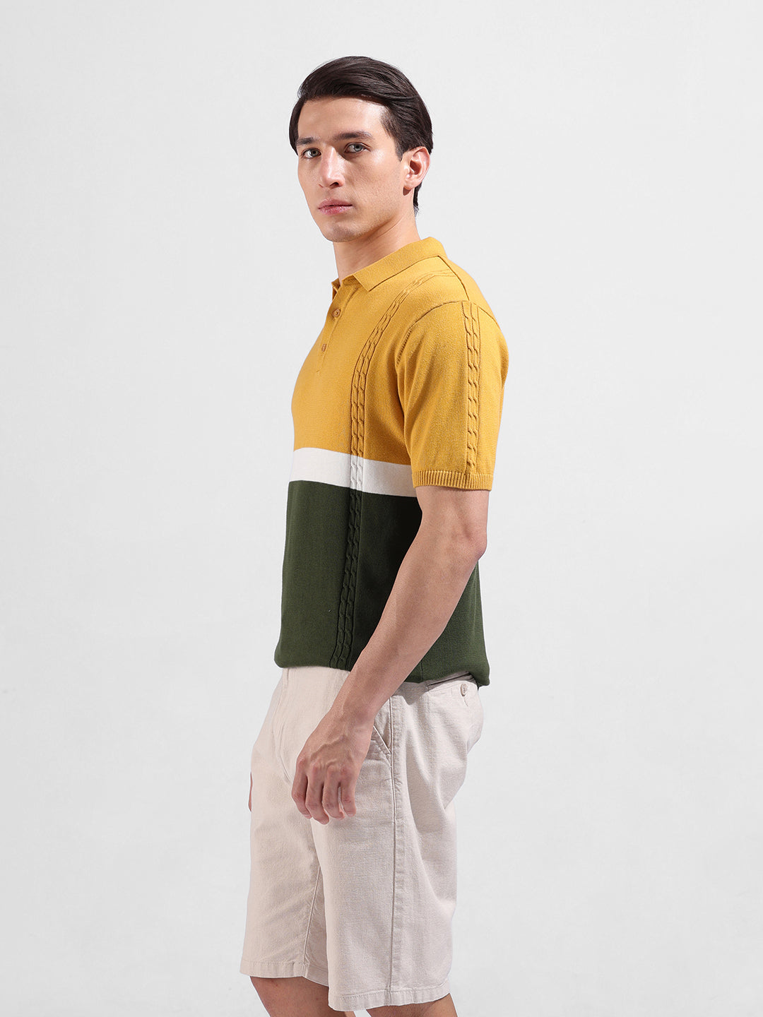 Men's Yellow Slim Fit Textured Flat Knit Polo Collar T-Shirt