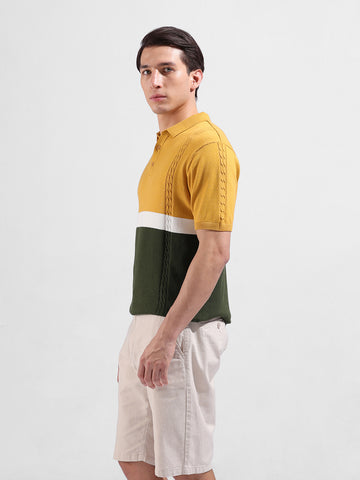 Men's Yellow Slim Fit Textured Flat Knit Polo Collar T-Shirt
